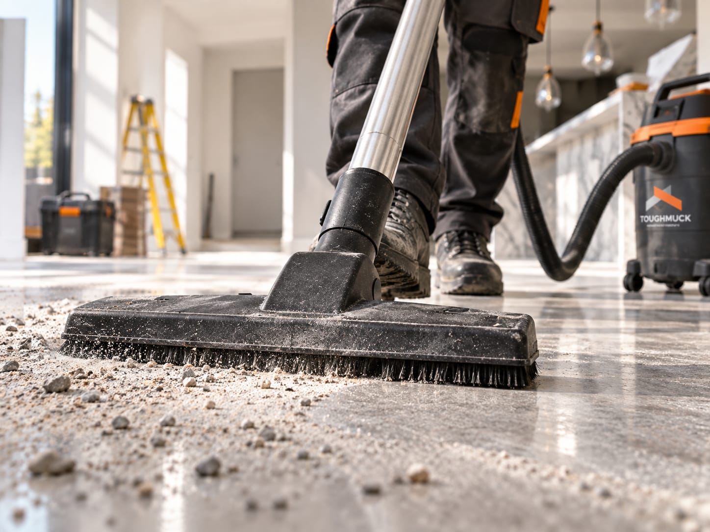 A brush head clearing construction rubble and dust from a hard floor