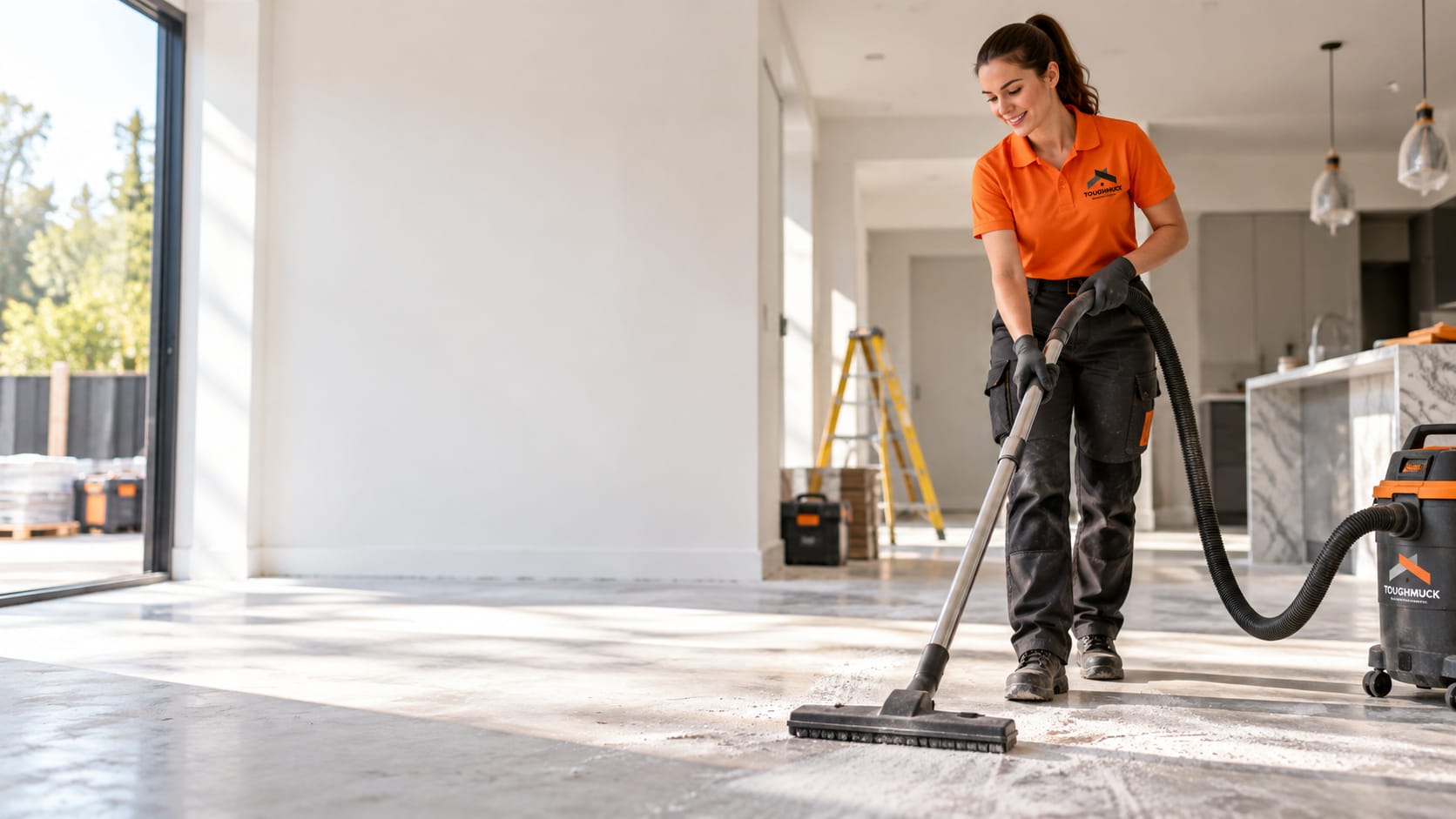 A Toughmuck cleaner vacuuming construction dust from a new-build floor