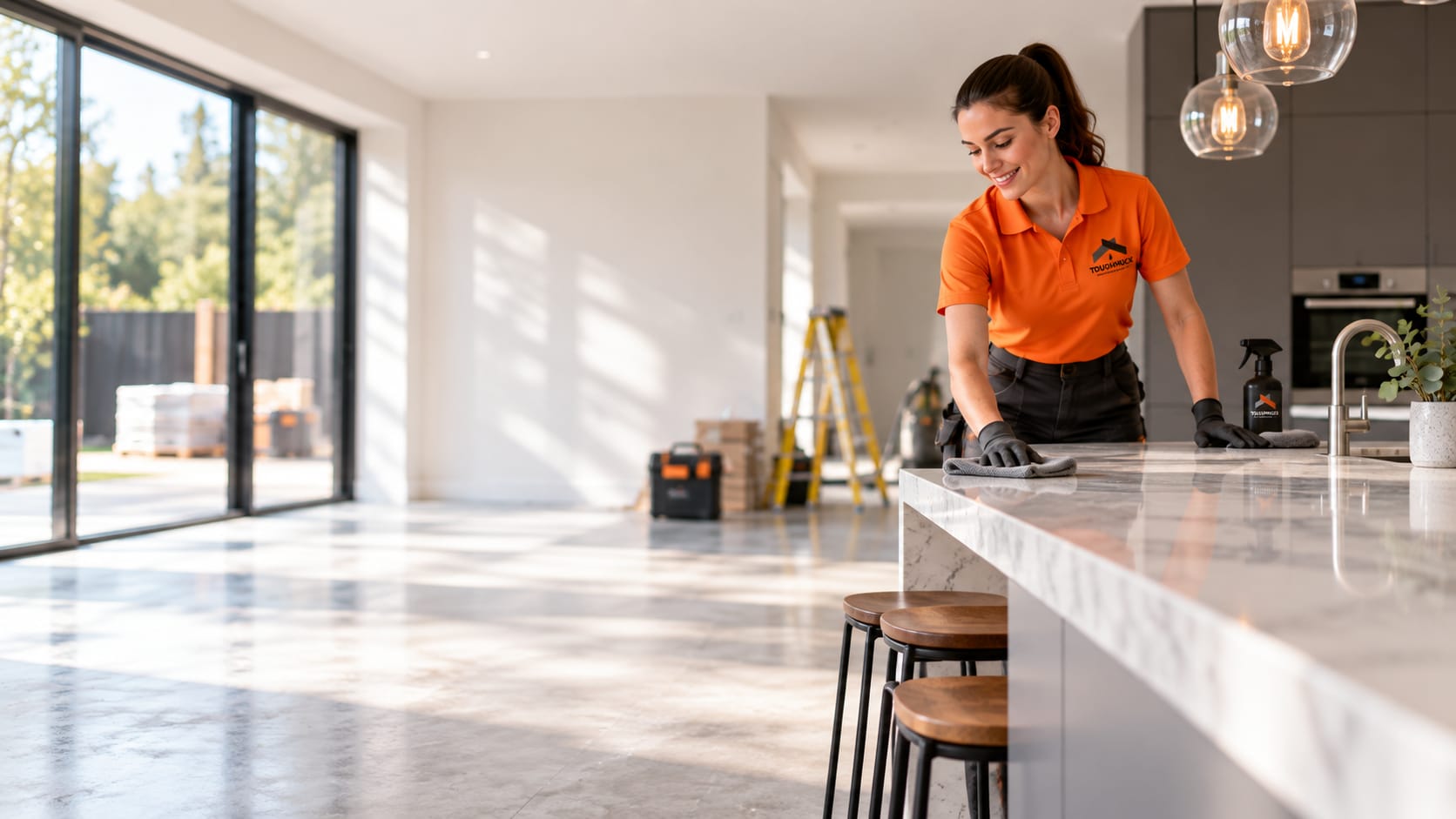 A Toughmuck cleaner wiping down a newly fitted kitchen worktop