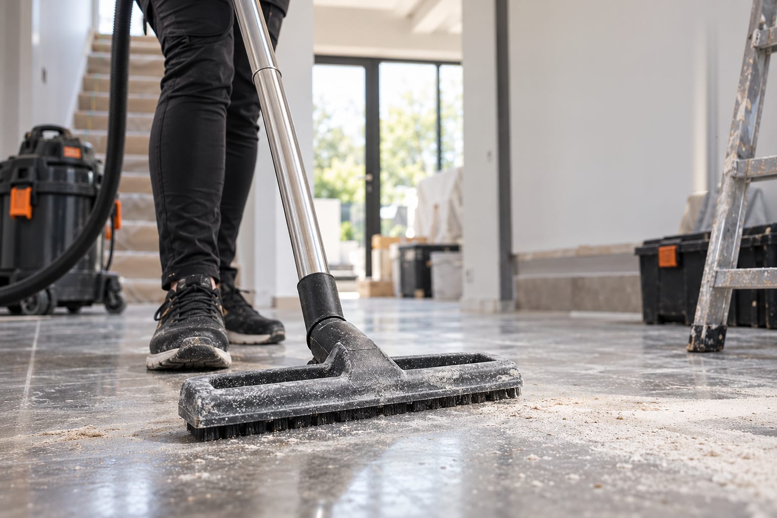 A Toughmuck cleaner clearing building dust from a hard floor