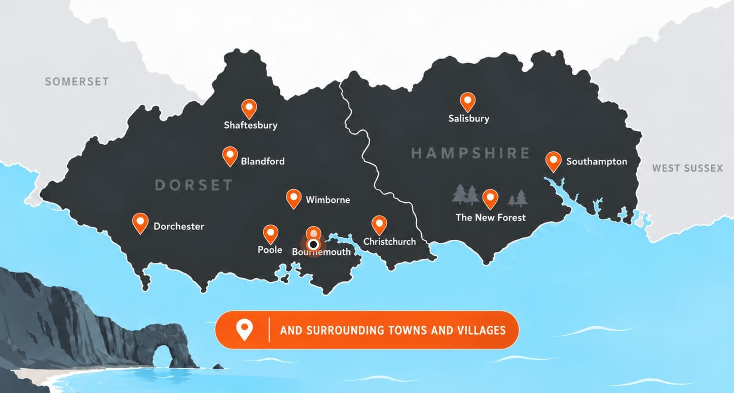 Map of the areas Toughmuck covers in Dorset and Hampshire, with Bournemouth marked near Winton, Westbourne, Boscombe