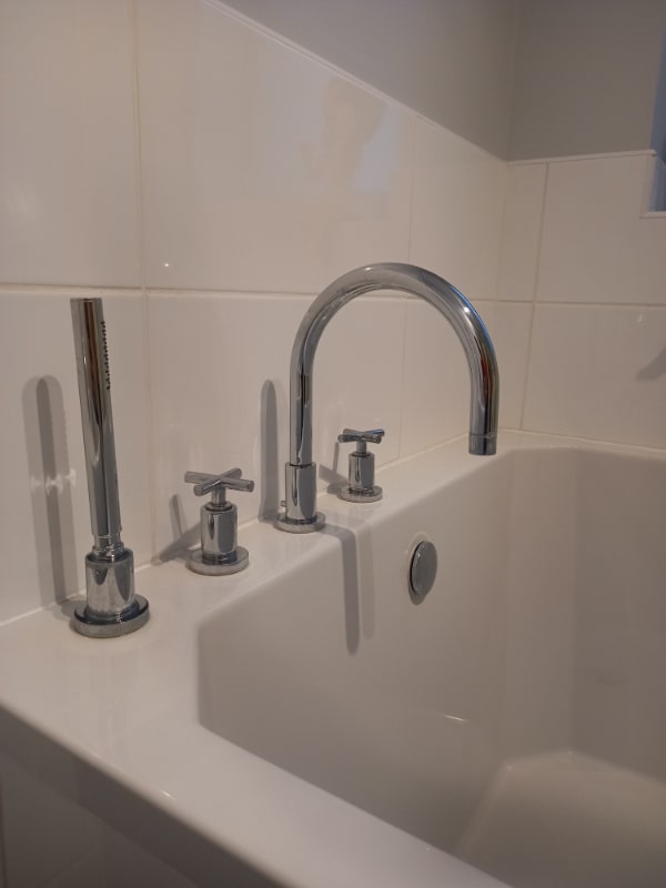Clean, polished bath taps in a tiled bathroom