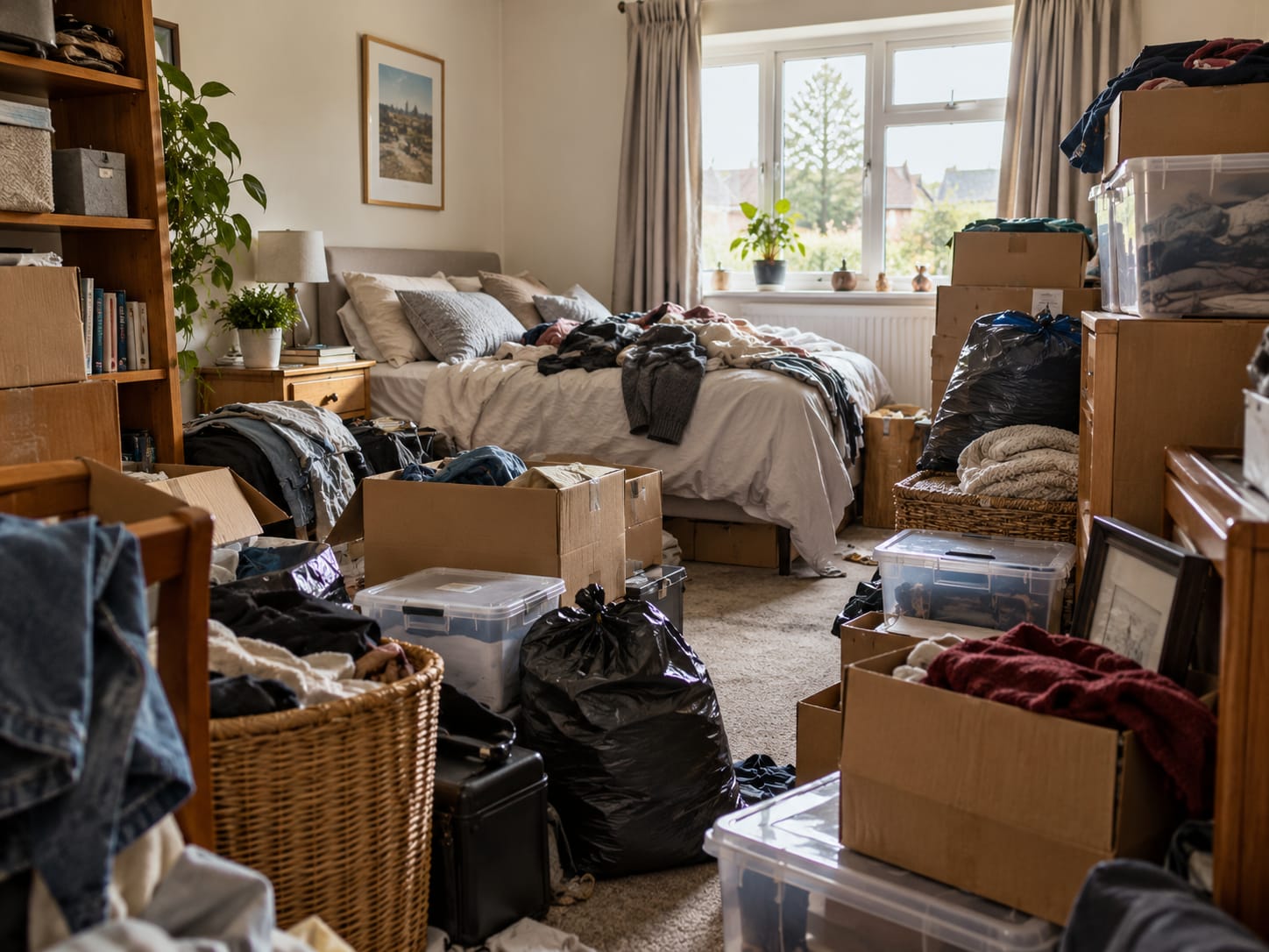 A room filled with boxes, bags and unwanted belongings