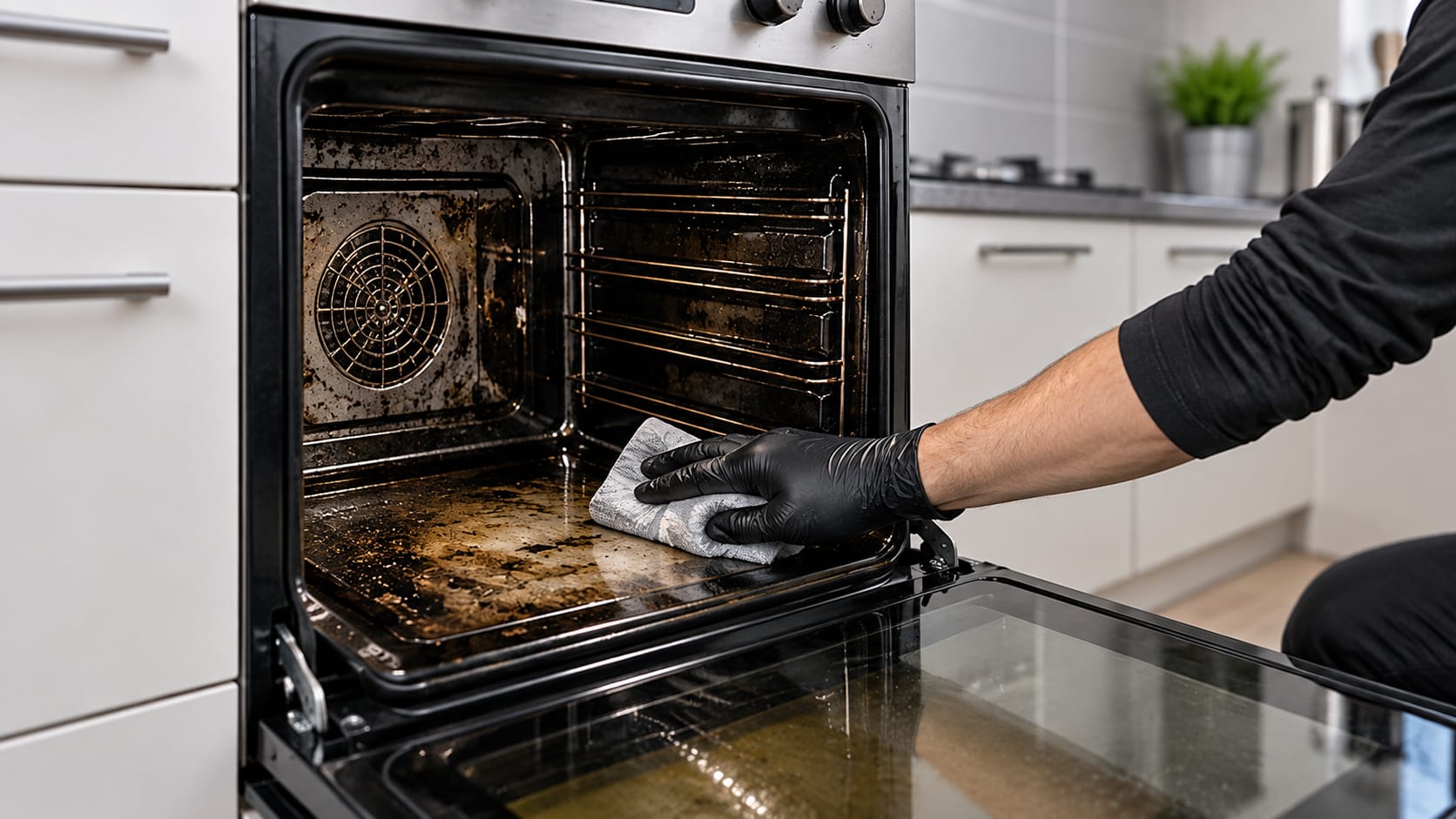 A heavily used oven being cleaned in a student house