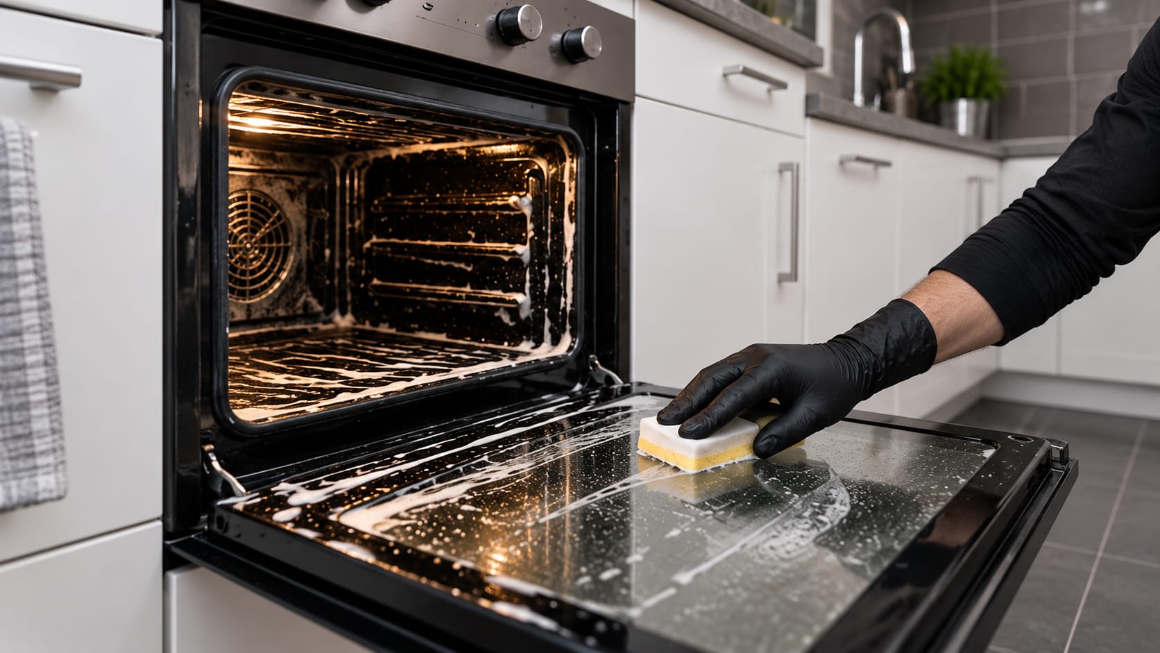 An oven door being scrubbed clean