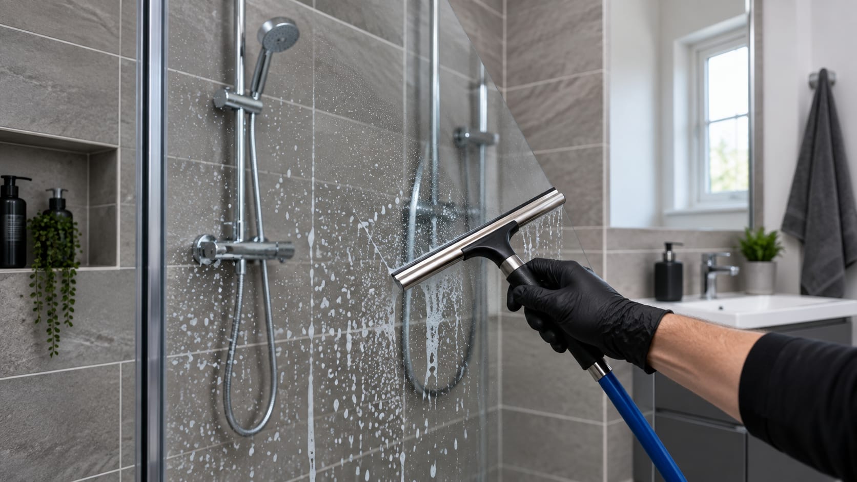 A gloved hand squeegeeing a shower screen clean