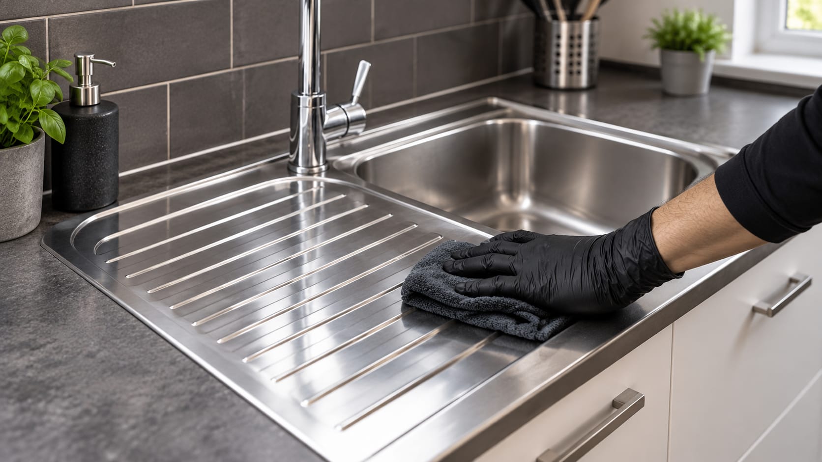 Gloved hands cleaning a stainless steel kitchen sink
